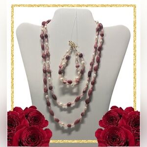 Chic  freshwater Pearls ,Rhodonite and pink coral  Jewelry Set